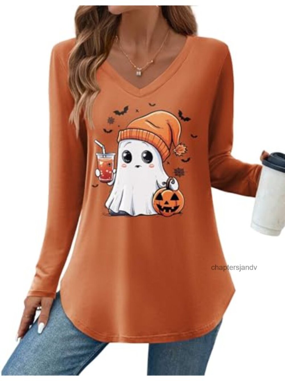 Women's V-Neck Long Sleeve Tunic Top Loose Fit Curved Hem Fall Shirt